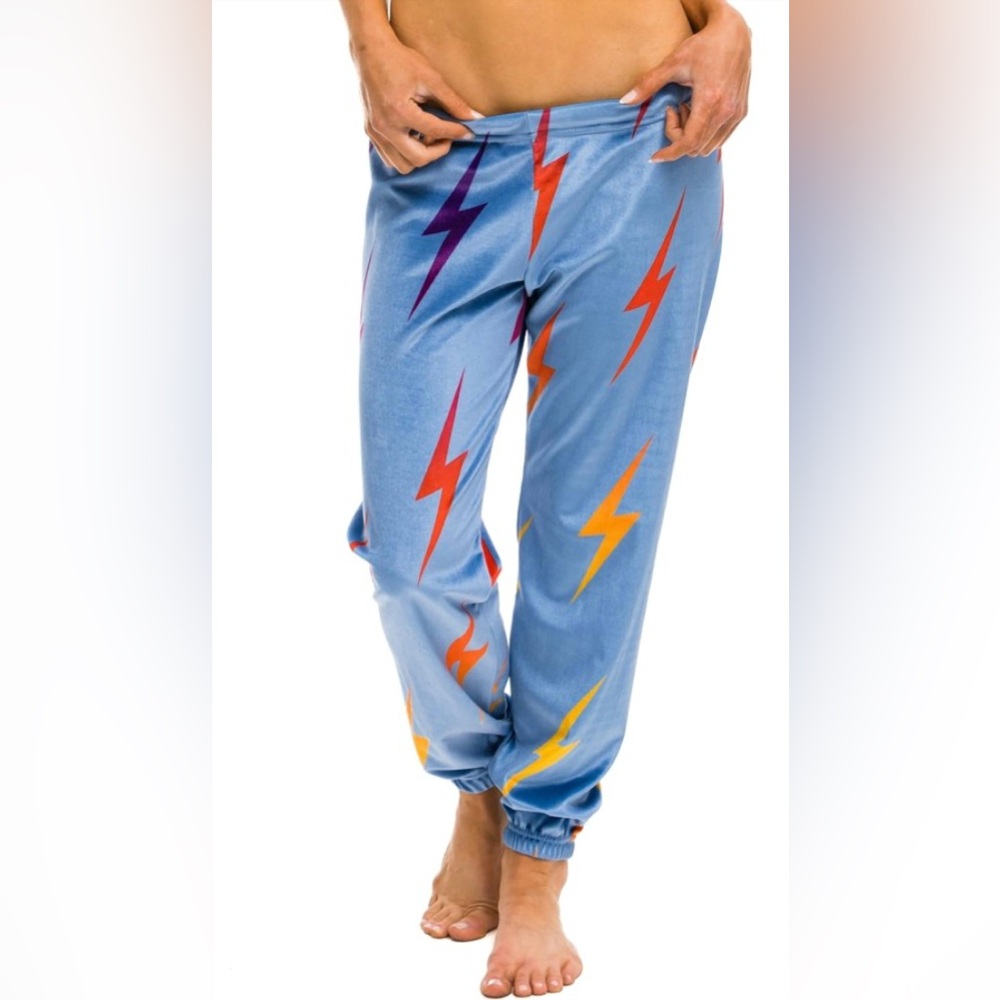 Aviator Nation Velvet Bolt “Repeat” Sweatpants - Blue Rainbow EUC Size Medium M